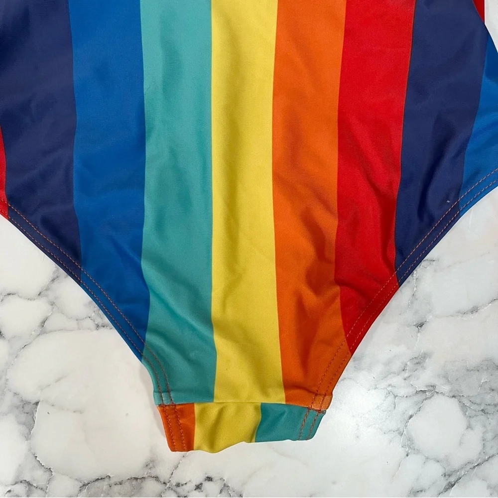ModCloth x Collectif The Brooke One-Piece Halter Swimsuit Rainbow Stripes XS